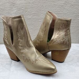 Tinstree Gold Embroidered Stitched Square Point Toe Heeled Western Ankle Boot